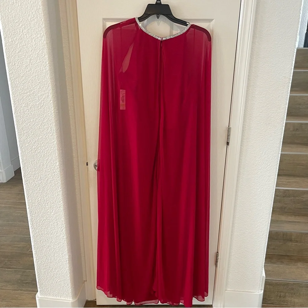 R&M Richards Sheer Cape Vibrant Red Dress with Embellished Trim